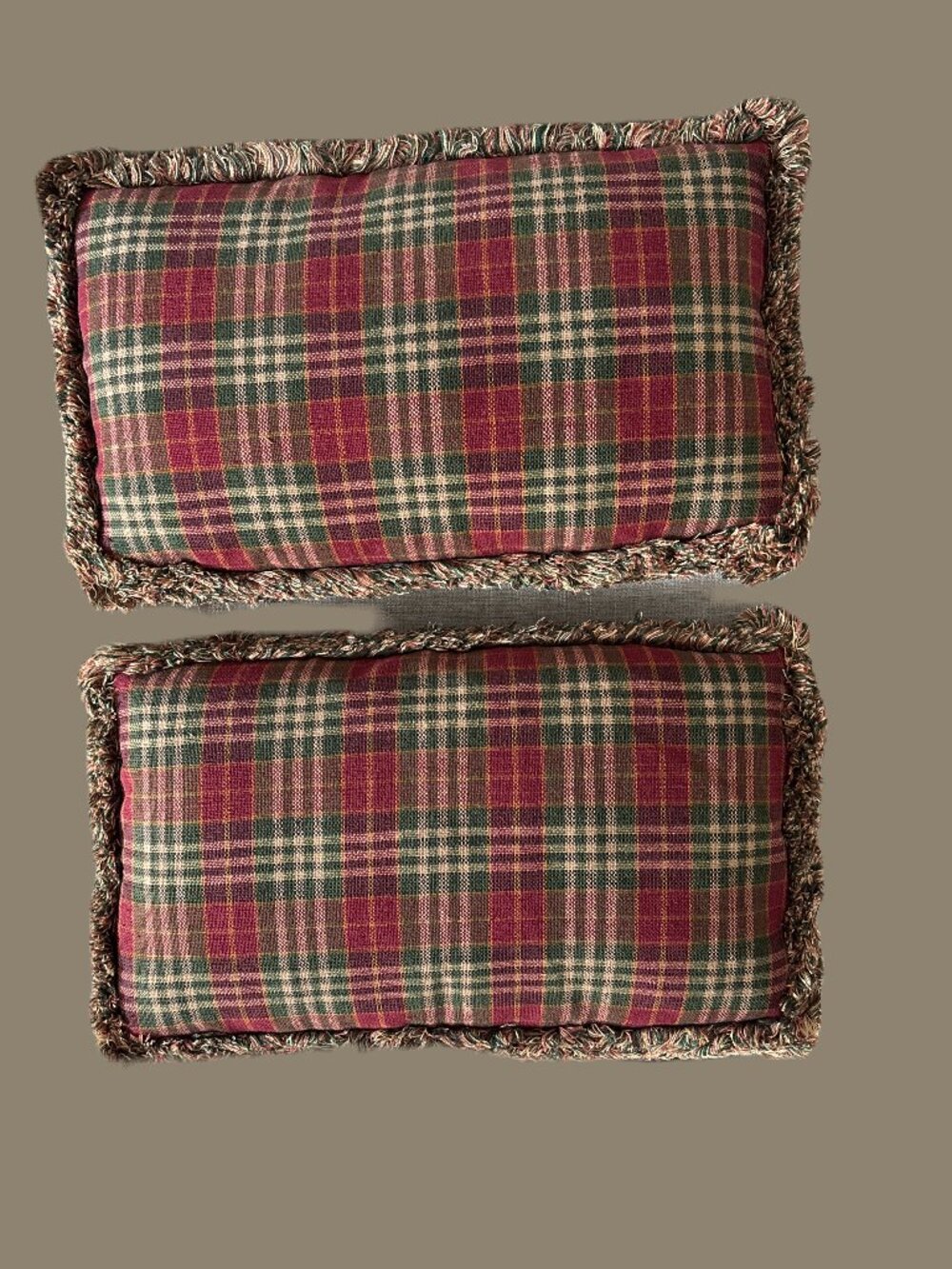 Lumbar Plaid Fringed Pillows in Colors of Burgandy, Green, and Tan